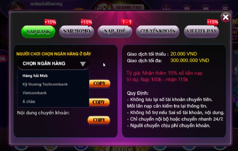 Cách nạp tiền vào cổng game G63 Club